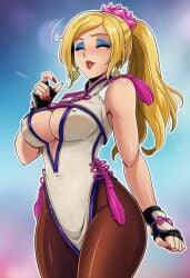 ai_generated bimbo blonde_hair blue_eyeshadow fatal_fury feminization hypnosis king_of_fighters luong_(kof) luong_(kof)_(cosplay) mascara red_lipstick rule_63 sano-br snk terry_bogard