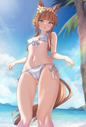 1girls 2024 :o animal_ears aqua_eyes ass_visible_through_thighs bare_shoulders beach belly bikini blue_eyes blush cameltoe dutch_angle eyelashes female female_only flower_in_hair highres hip_bones hips knees light-skinned_female light_skin looking_at_viewer looking_down merufena navel nipple_bulge ocean orange_hair sea sidelocks silence_suzuka_(emerald_on_the_waves)_(umamusume) silence_suzuka_(umamusume) sky small_breasts solo standing stomach swimsuit tail thighs tree umamusume umamusume_pretty_derby waist white_bikini white_bra white_panties white_swimsuit