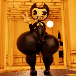 3d_(artwork) balls bendy bendy_and_the_ink_machine bendy_the_dancing_demon black_body black_skin bow_tie clothing darkspite demon detailed_background digital_media_(artwork) genitals gloves handwear hi_res huge_ass huge_hips huge_thighs humanoid_genitalia hyper looking_at_viewer male male_only not_furry penis smile solo thick_thighs toony white_bow_tie white_clothing white_gloves white_handwear wide_hips