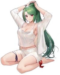 adjusting_hair alternate_costume armpits arms_up azur_lane bare_shoulders barefoot black_background blush breasts camisole cg cleavage closed_mouth collarbone crop_top earrings female full_body green_hair high_ponytail jacket jewelry large_breasts leg_ribbon littorio_(azur_lane) littorio_(lounging_emerald)_(azur_lane) long_hair looking_at_viewer midriff midriff_peek multicolored_hair navel official_alternate_costume official_art open_clothes open_jacket ponytail red_eyes red_hair see-through seiza shirt short_shorts shorts sitting smile solo stomach streaked_hair swept_bangs thigh_strap thighs transparent_background tying_hair very_long_hair wariza white_camisole white_jacket white_shirt white_shorts