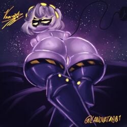 lanovata001 laying_on_stomach looking_at_viewer murder_drones on_bed robot_girl tag_the_rest v_(murder_drones) yellow_pussy