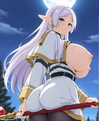 ai ai_generated artist69 ass ass_focus big_breasts breasts earrings elf elf_ears elf_female excited female frieren frieren_beyond_journey's_end green_eyes hentai highres looking_at_viewer nipples white_hair