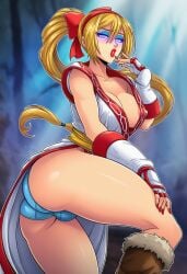ai_generated bimbo blonde_hair blue_eyeshadow fatal_fury feminization hypnosis king_of_fighters mascara nakoruru nakoruru_(cosplay) red_lipstick rule_63 samurai_shodown samurai_spirits sano-br snk terry_bogard