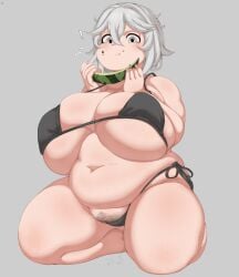 belly bikini chubby chubby_belly chubby_female eating fupa hairy_pussy huge_breasts icecube27 icecube2lazy large_breasts oc pussy_hair swimsuit thick_thighs watermelon yuki_(icecube)
