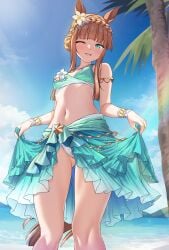 1girls 2024 accessories animal_ears aqua_eyes ass_visible_through_thighs bare_shoulders beach belly bikini blue_eyes blush bracelet cameltoe dutch_angle eyelashes female female_only flower_in_hair highres holding_skirt knees light-skinned_female light_skin looking_at_viewer looking_down merufena navel necklace ocean one_eye_closed open_mouth open_smile orange_hair panties sea sidelocks silence_suzuka_(emerald_on_the_waves)_(umamusume) silence_suzuka_(umamusume) sky smile solo standing stomach swimsuit swimwear tagme tail thighs tree umamusume umamusume_pretty_derby waist white_bikini white_panties wink winking winking_at_viewer