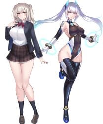 :o amahara_kuon bare_shoulders black_jacket black_leotard black_socks blazer blue_eyes blush boots bow bowtie breasts brown_eyes brown_skirt celestia_quartz closed_mouth collared_shirt covered_navel elbow_gloves female full_body gloves grey_hair highleg highleg_leotard highres impossible_clothes impossible_leotard jacket kutan large_breasts leg_up leotard loafers long_hair long_sleeves looking_at_viewer magical_girl multicolored_leotard multiple_girls multiple_views open_clothes open_jacket open_mouth original plaid_clothes plaid_skirt pleated_skirt red_bow red_bowtie school_uniform shirt shirt_tucked_in shoes sideboob simple_background skin_tight skindentation skirt smile socks standing standing_on_one_leg thigh_boots thighhighs thighs transparent_background twintails two-tone_leotard two_side_up white_background white_gloves white_hair white_shirt yellow_eyes