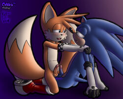 anthro ass balls blue_fur blush canine chokodonkey erection footwear fox furry gloves hedgehog kelperfoxwolf male mammal penis reclining shoes sonic_(series) sonic_the_hedgehog tails yaoi