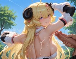 1boy 1girls ai_generated armpits back backless_outfit bangs_over_eyes blonde_hair cum cum_on_armpit hololive large_breasts large_penis masturbation sheep_ears sheep_girl sheep_horns smile smug straight sweat tsunomaki_watame virtual_youtuber white_dress