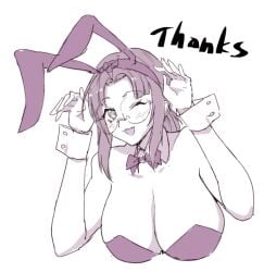 ass bare_shoulders breasts brown_eyes brown_hair cleavage female fio_germi glasses gun highres huge_breasts leotard long_hair looking_at_viewer madsensei metal_slug necktie playboy_bunny ponytail rabbit_ears rabbit_tail sleeveless smile solo thong_leotard