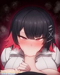 2girls :>= belle_(zenless_zone_zero) black_hair blush breasts bright_pupils censored colored_inner_hair commentary_request ellen_joe ellen_joe_(on_campus) fellatio female futa_with_female futanari hair_ornament hand_on_another's_crotch highres intersex large_breasts looking_at_viewer mole mole_under_eye mosaic_censoring multicolored_hair multiple_girls multiple_moles oral penis pov pov_crotch razor_blade_hair_ornament red_background red_eyes red_hair rikuguma shirt short_hair steam swept_bangs two-tone_hair veins veiny_penis white_pupils white_shirt x_hair_ornament zenless_zone_zero