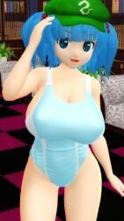 1girls 2025 3d big_breasts blue_eyes_female blue_hair_female breasts cleavage female female_focus green_hat hat hati_yukkuri_mmd headwear interior_background jpeg kappa light-skinned_female looking_at_viewer mmd nitori_kawashiro one_arm_up open_mouth palace solo_female swimsuit tied_hair touhou twintails youkai