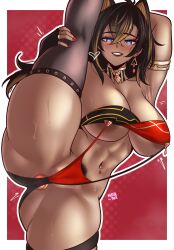 anal_plug animal_ears areola_slip buttplug dark_skin dehya_(genshin_impact) female female_only genshin_impact mashiaka navel_piercing pubic_hair red_nails splits thighhighs