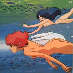 2girls 80s artist_request ass blue_hair breasts curvaceous dark-skinned_female dark_skin dirty_pair dolphin edit female fish hair human kei_(dirty_pair) large_breasts light-skinned_female light_skin long_hair multiple_girls nipple nipples nude nude_filter ocean official_art red_hair short_hair sideboob skinny_dipping swimming tomboy underwater yuri_(dirty_pair)