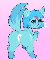 ass blue_body blue_fur blue_hair blush female feral fur genitals hair hi_res mythological_carbuncle mythology presenting pussy razzybun solo