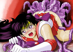 all_fours bishoujo_senshi_sailor_moon blush clothing drool elbow_gloves female gloves human mr._r_(2ch's_sailor_moon_thread) nyurumet open_mouth panties panties_aside purple_eyes purple_hair rape rei_hino sailor_mars saliva skirt smooth_skin solo tears tentacle