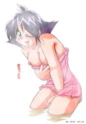 1990s 1997 1girls 20th_century ahoge amelia_wil_tesla_seyruun bare_shoulders blue_eyes blush breasts covering covering_crotch dated eyeball_(artist) female fingernails leaning_forward looking_at_viewer nipples onsen open_mouth shadow short_hair simple_background slayers smile solo standing standing_in_water steam tongue towel water wink