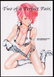 1girls 2001 boots breasts cleavage clothing curvaceous dark-skinned_female dirty_pair female firearm footwear gloves gun handgun handwear headband human inoue_kiyoshirou kei_(dirty_pair) large_breasts looking_at_viewer pale_skin red_hair revolver short_hair solo tomboy weapon