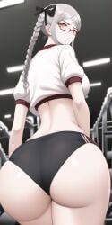 ai_generated ass big_breasts buruma danganronpa danganronpa_2:_goodbye_despair glasses gym gym_uniform hair_ribbon huge_ass large_ass looking_at_viewer looking_back looking_down midriff n.c.b_ai nai_diffusion pekoyama_peko red_eyes serious stable_diffusion thick_thighs twin_braids weights