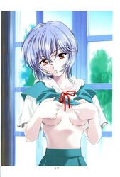 1girls blue_hair clothing female kawarajima_kou looking_at_viewer neon_genesis_evangelion red_eyes rei_ayanami school_uniform short_hair skirt small_breasts tagme