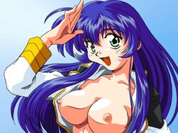 1girls artist_request blue_hair breasts female human large_breasts light-skinned_female light_skin long_hair martian_successor_nadesico nipples salute tagme uniform yurika_misumaru