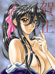 1girls artist_request black_hair breasts female hair_ribbon human kaoru_kamiya kimono large_breasts long_hair looking_at_viewer nipples pale-skinned_female pale_skin ponytail rurouni_kenshin shounen_jump solo tagme