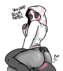 blush bottomless drekartubegirl female grineer hoodie sitting_on_person tagme text warframe