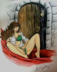 1girls artist_request bra door female gryffindor harry_potter hermione_granger masturbation open_shirt panties panties_aside peeking pussy severus_snape shirt slytherin spying straight tagme witch_(harry_potter)