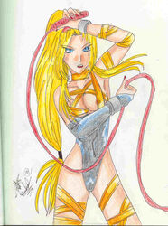 1990s 1999 1girls 20th_century battle_arena_toshinden blonde_hair breasts clothing dated female female_only long_hair skimpy sofia_(battle_arena_toshinden) solo whip white_background