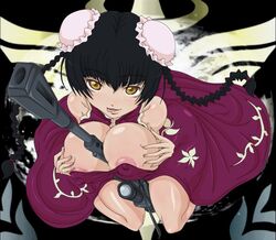 areola areolae bare_shoulders between_breasts black_hair breasts bun_cover china_dress chinadress chinese_clothes cleavage double_bun erect_nipples gun gundam gundam_00 madhatter_hello nipple_slip nipples object_between_breasts rifle sniper_rifle tongue wang_liu_mei weapon yellow_eyes