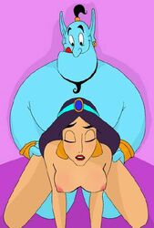 1girls aladdin arabian blue_body disney disney_princess female genie_(aladdin) hands_on_hips human male nipples non_human nude nude_female on_all_fours plain_background princess_jasmine straight tongue_out yaoinami