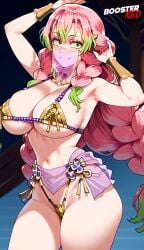 1female 1girls ai_generated belly_button belly_dancer belly_dancer_outfit bikini bikini_bottom bikini_top boosterred99 braided_hair female female_only green_eyes harem_outfit jewelry kanroji_mitsuri kanroji_mitsuri_(cosplay) kimetsu_no_yaiba large_breasts long_hair makeup multicolored_hair pink_hair post-timeskip seductive_smile solo thighs twin_braids veil