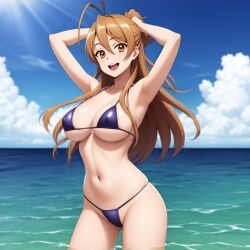 1girls ai_generated anime armpits arms_behind_head arms_up beach big_breasts bikini breasts female female_only highschool_of_the_dead navel open_mouth rei_miyamoto solo solo_female water