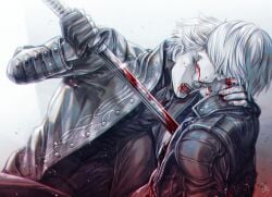 2boys bishounen bleeding blood blood_on_face blood_on_mouth blood_on_neck blood_on_weapon brothers dante_(devil_may_cry) demon_boy devil_may_cry_(series) devil_may_cry_3 fingerless_gloves gloves hair_slicked_back multiple_boys profile red_eyes siblings tetsukojika vergil_(devil_may_cry) weapon