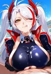 1boy 1female 1girls 1male ai_generated azur_lane big_breasts blush cum cum_on_breasts cum_on_face iron_cross male_pov open_jacket orange_eyes paizuri paizuri_under_clothes pigtails prinz_eugen_(final_lap)_(azur_lane) sideboob tagme tongue_out truck_kun white_hair