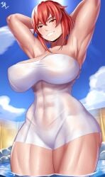 1girls abs arcedo armpits arms_behind_head arms_up ass bare_thighs big_ass breasts confident covered_nipples day female female_only fence fire_emblem fire_emblem:_mystery_of_the_emblem fire_emblem:_shadow_dragon_and_the_blade_of_light from_below grin hair_between_eyes large_breasts looking_at_viewer minerva_(fire_emblem) muscular muscular_female naked_towel navel nintendo onsen outdoors partially_submerged pose red_eyes red_hair see-through short_hair smile solo thick_thighs thighs toes water