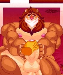 anthro bedroom big_muscles blush bodily_fluids clothing cum digital_media_(artwork) disembodied_hand duo felid feline genital_fluids genitals handjob huge_muscles lion male mammal masturbation morinetsu muscular muscular_anthro muscular_male nipples pantherine penile penile_masturbation penis pixel_(artwork) pubes sex solo_focus touching_penis underwear