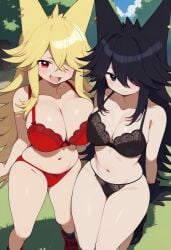 2girls ai_generated black_bra black_hair black_panties blonde_hair bra breasts collarbone crossover ear_piercing from_above funamusea fundamental_paper_education gastkeser82 hair_over_one_eye large_breasts long_hair looking_at_viewer miss_circle_(fundamental_paper_education) moge-ko mogeko_castle navel outdoors panties red_bra red_eyes red_panties smiling stomach underwear_only very_long_hair white_ear_piercing