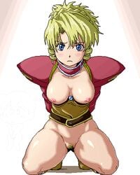 armor blonde_hair blue_eyes blush frown kneeling pacifica_casull pubic_hair scrapped_princess short_hair