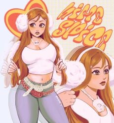 1girls big_breasts bleach cleavage cosplay crop_top earmuffs female fortnite ice_spice ice_spice_(fortnite) inoue_orihime jeans jewelry lip_gloss long_hair luvlyroseve makeup navel_piercing orange_hair solo thick_thighs tight_clothing