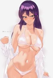 artist_name belly bellybutton big_breasts breasts collarbone doki_doki_literature_club female female_only hairclip kun_kaiss long_hair looking_at_viewer purple_eyes purple_hair solo sweat taking_clothes_off thick_thighs white_background white_bikini yuri_(doki_doki_literature_club)