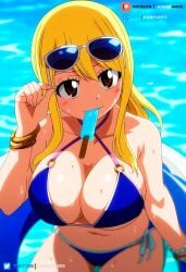 ai_generated big_ass big_breasts bikini blonde_hair blush bracelet brown_eyes curvy curvy_figure fairy_tail float floating ice_cream juanpi_amvs long_hair looking_at_viewer lucy_heartfilia patreon patreon_username sea solo sunglasses sunglasses_on_head water watermark yellow_hair