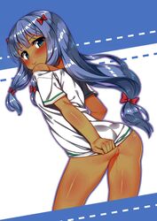 :t anus ass bangs blue_eyes blush bow eromanga_sensei eyebrows eyebrows_visible_through_hair female from_behind hairbow izumi_sagiri long_hair looking_at_viewer looking_back no_panties photoshop pink_bow pout pussy pussy_juice racer_(magnet) shirt shirt_tug short_sleeves silver_hair simple_background solo