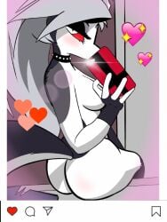 anthro ass blush breasts canid canid_demon canine demon female filter fur grey_body grey_fur grey_hair hair hellhound helluva_boss hi_res instagram konfettimayhem loona_(helluva_boss) mammal mythological_canine mythological_creature mythology nude pantyking red_sclera selfie solo