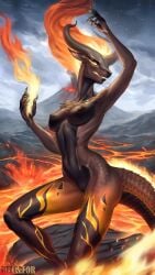 absurd_res anthro belgefor casting_spell claws elemental_creature female fire gradient hi_res horn horns humanoid lava lava_creature magic mineral_fauna pose reptile scalie slim small_breasts solo volcanic_eruption volcanic_setting volcano