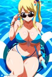 ai_generated big_ass big_breasts blonde_hair bracelet brown_eyes curvy curvy_figure fairy_tail female float floating ice_cream juanpi_amvs long_hair looking_at_viewer looking_over_eyewear looking_over_sunglasses lucy_heartfilia patreon patreon_username sea sunglasses sweatdrop tinted_eyewear water watermark yellow_hair