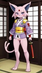 1girls 2024 ai_generated anthro blushing bottomless bottomless_female espeon female female_only generation_2_pokemon gold_armor hi_res indoors innie_pussy japanese_clothes japanese_clothing katana looking_at_viewer nintendo pink_fur pokemon pokemon_(species) purple_eyes pussy samurai smile