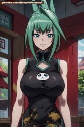 ai_generated aindroidparanoid ass big_ass big_breasts breasts dress green_eyes green_hair hips hourglass_figure huge_breasts narrow_waist nipples ponytail shaman shaman_king short_hair slim slim_waist stable_diffusion taller_girl tao_jun tight_clothing voluptuous wide_hips