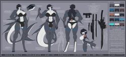 abs anthro black_hair black_sclera blue_eyes bra breasts bulge cleavage clothed clothing english_text featureless_breasts fish gun gynomorph hair handgun hi_res intersex marine melee_weapon model_sheet muscular muscular_gynomorph muscular_intersex nadia_(wmdiscovery93) panties ranged_weapon shark solo sword text underwear weapon wmdiscovery93