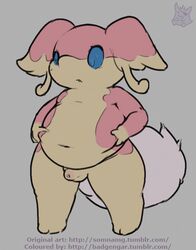 1boy anthro audino badgengar belly chubby feet flaccid male male_only nintendo overweight penis pokemon pokemon_bw simple_background slightly_chubby small_penis solo somnamg text uncut video_games