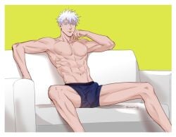 1boy boxers bulge erection erection_under_clothes jujutsu_kaisen male male_only masculine muscular satoru_gojo solo